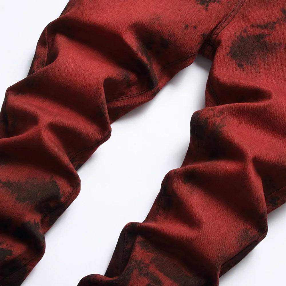 Men Tie and Dye Stretch Denim Jeans Brick Red Slim Straight Pants Streetwear Trousers