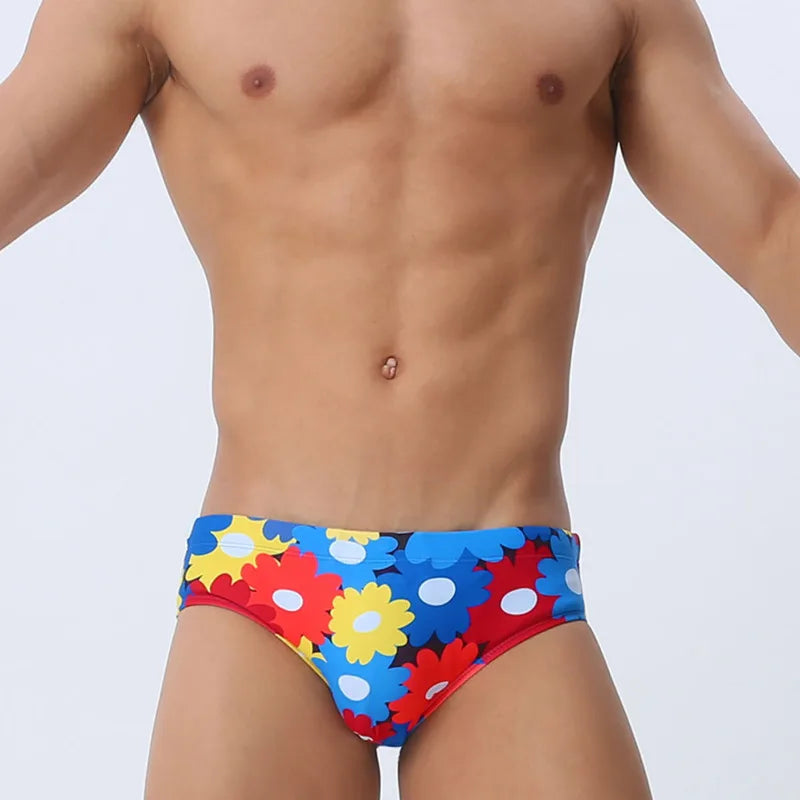 Front Zipper Triangle Swimsuit Print Swim Trunks Low Waist Swimwear Men Sexy Boxers Running Sports Briefs Beachwear Swim Trunks