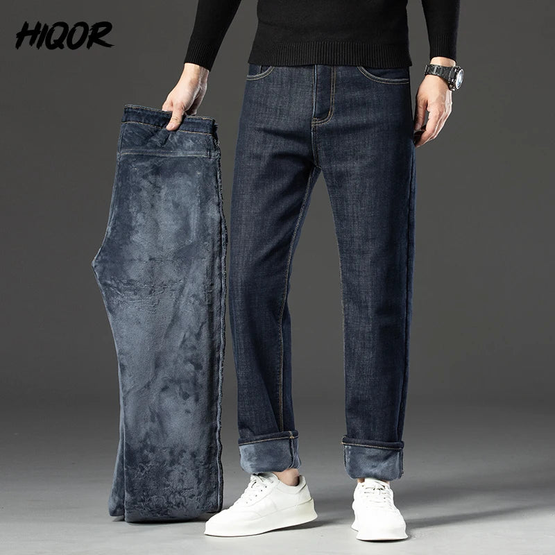 HIQOR Winter Fleece Thick Jeans Men Business Casual Straight Trousers Male Classic Blue Black Jeans For Men Work Denim Man Pants