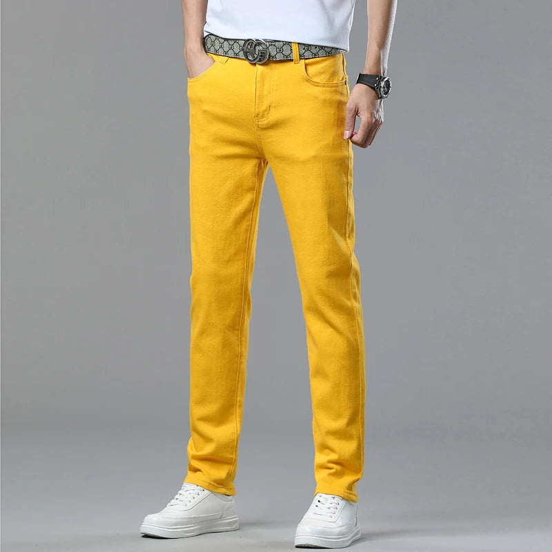 Men's Yellow Red Jeans Brand Jeans Cotton Stretch Slim Straight Casual Denim Pants Fashion Work Denim Trousers Four Season