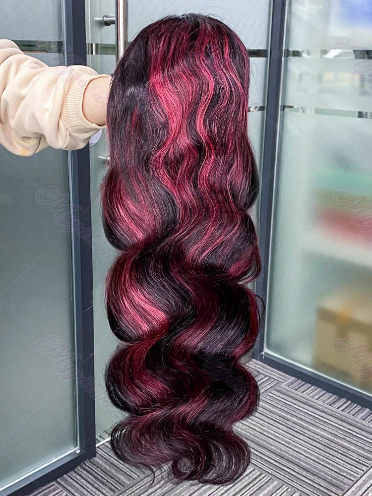 1b/99j Burgundy Highlight Body Wave 13x4 HD Lace Front Human Hair Wig Brazilian 30 32 Inch Colored 13x6 Lace Frontal Wigs 200%