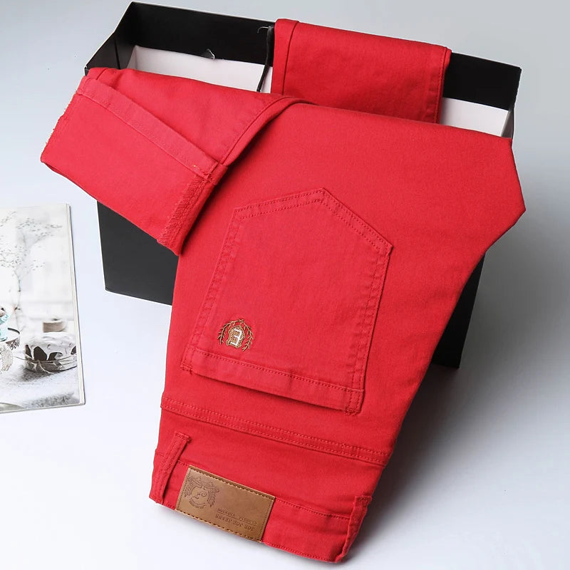 Men's Casual Stretch Slim New Jeans Solid color Business Fashion Casual Jeans Korean Straight Yellow Pink Red Male Clothing