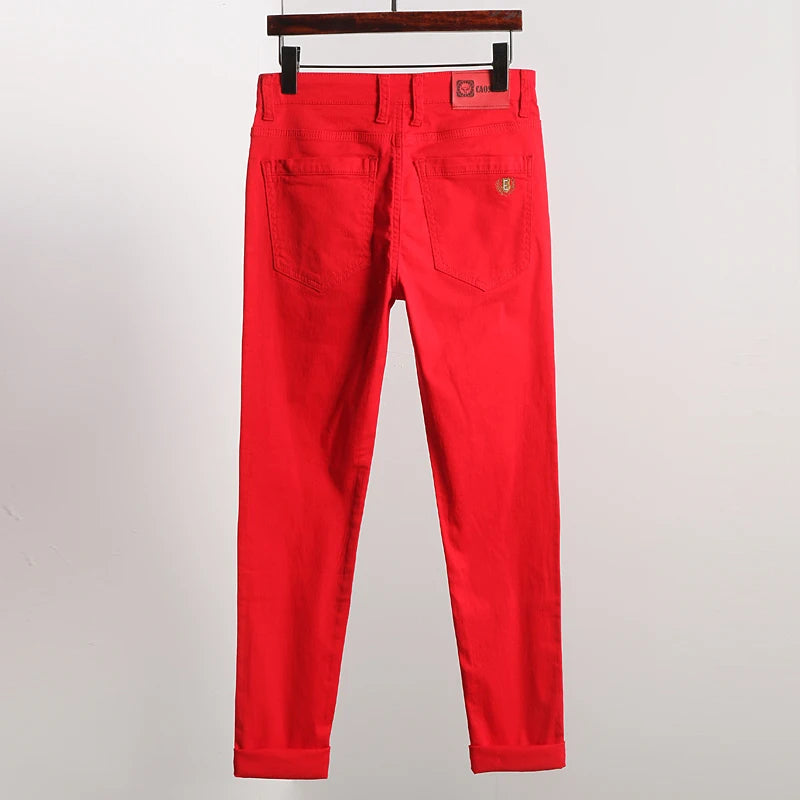 New Men's Denim Jeans Straight Stretch Pants Solid Color Fashion Business Casual Classic High Quality Red Yellow Blue White