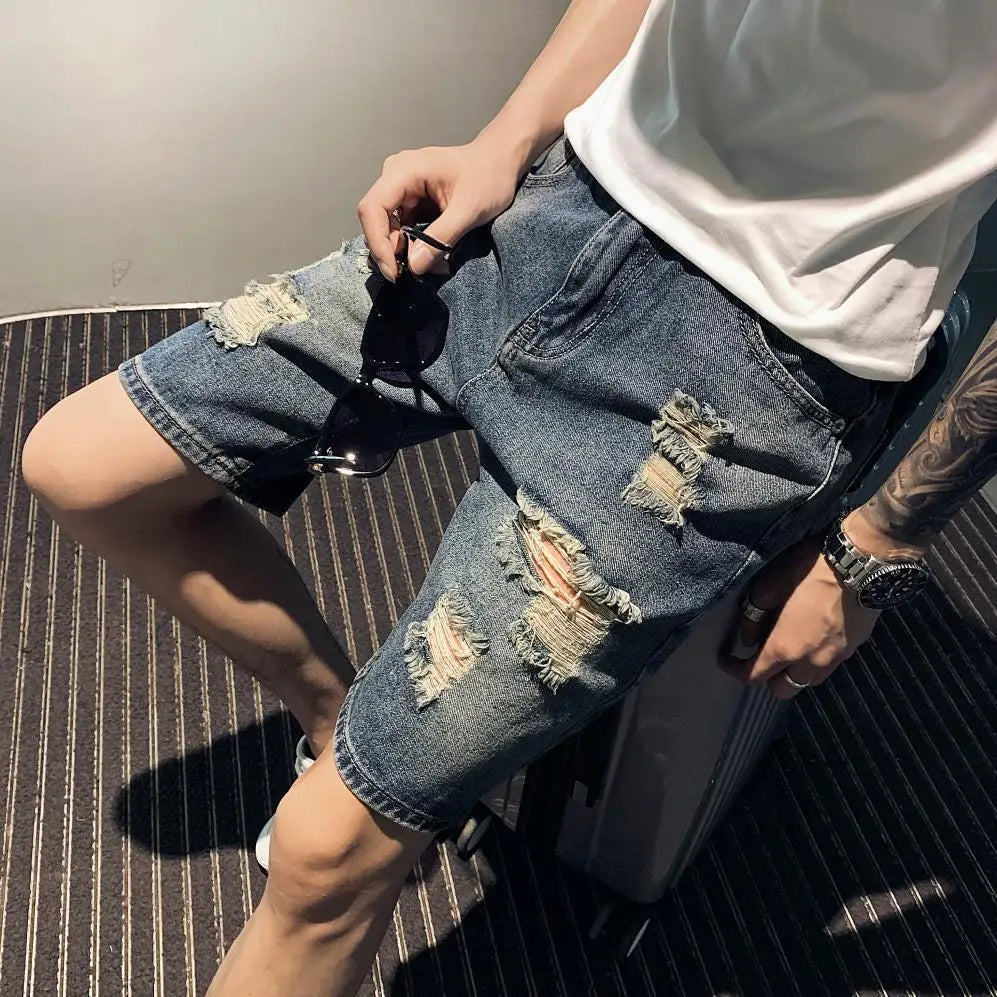 Male Denim Shorts Straight Slim Ripped Men's Short Jeans Pants Skinny Cowboy Rude Harajuku Sale Y2k Fashion Streetwear Jorts Xl