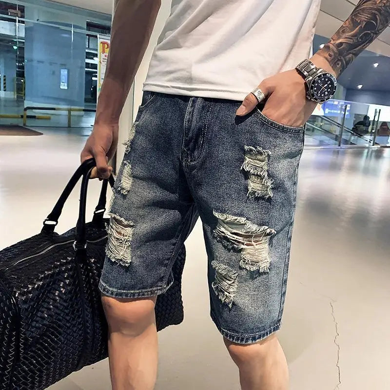 Male Denim Shorts Straight Slim Ripped Men's Short Jeans Pants Skinny Cowboy Rude Harajuku Sale Y2k Fashion Streetwear Jorts Xl