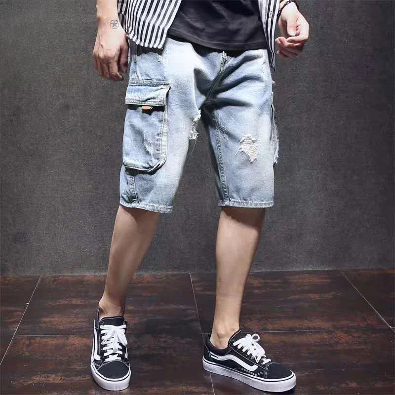 Men's Short Jeans Pants Cargo Ripped with Pockets Vintage Male Denim Shorts Streetwear Jorts Luxury Wih Zipper Buttons Blue Rude