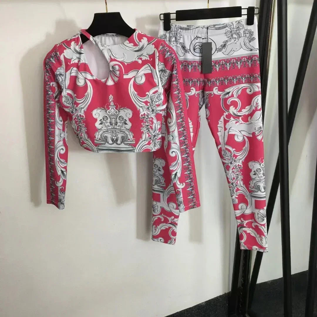 Luxury Design Women's Long Sleeved Swimsuit Sets White Retro Floral Print Yoga Sports Sets Fashion Brand Women's Body Suits