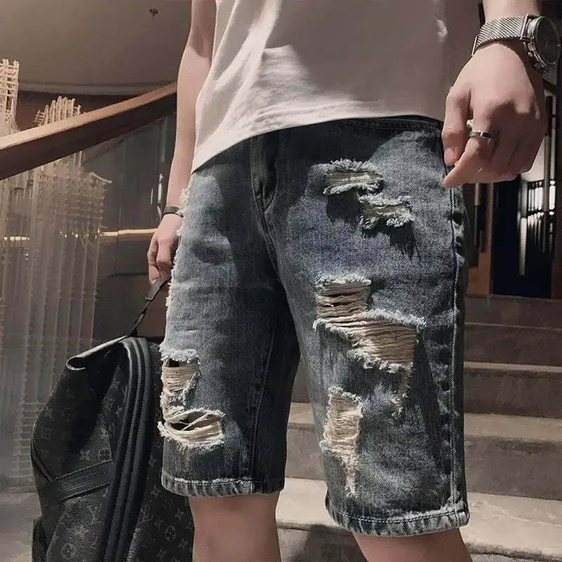 Man Denim Shorts Ripped Straight Trend 2024 Short Jeans Pants for Men New in Popular Xl Blue Y2k Fashion Cowboy Original Sale