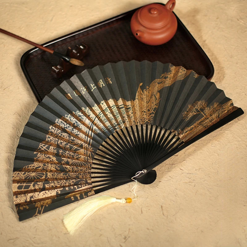 Chinese Retro Folding Hand Fan Bamboo Hand Painted Drama Folding Fan Double Side Vintage Hand Paper Fans Portable Folding Fans