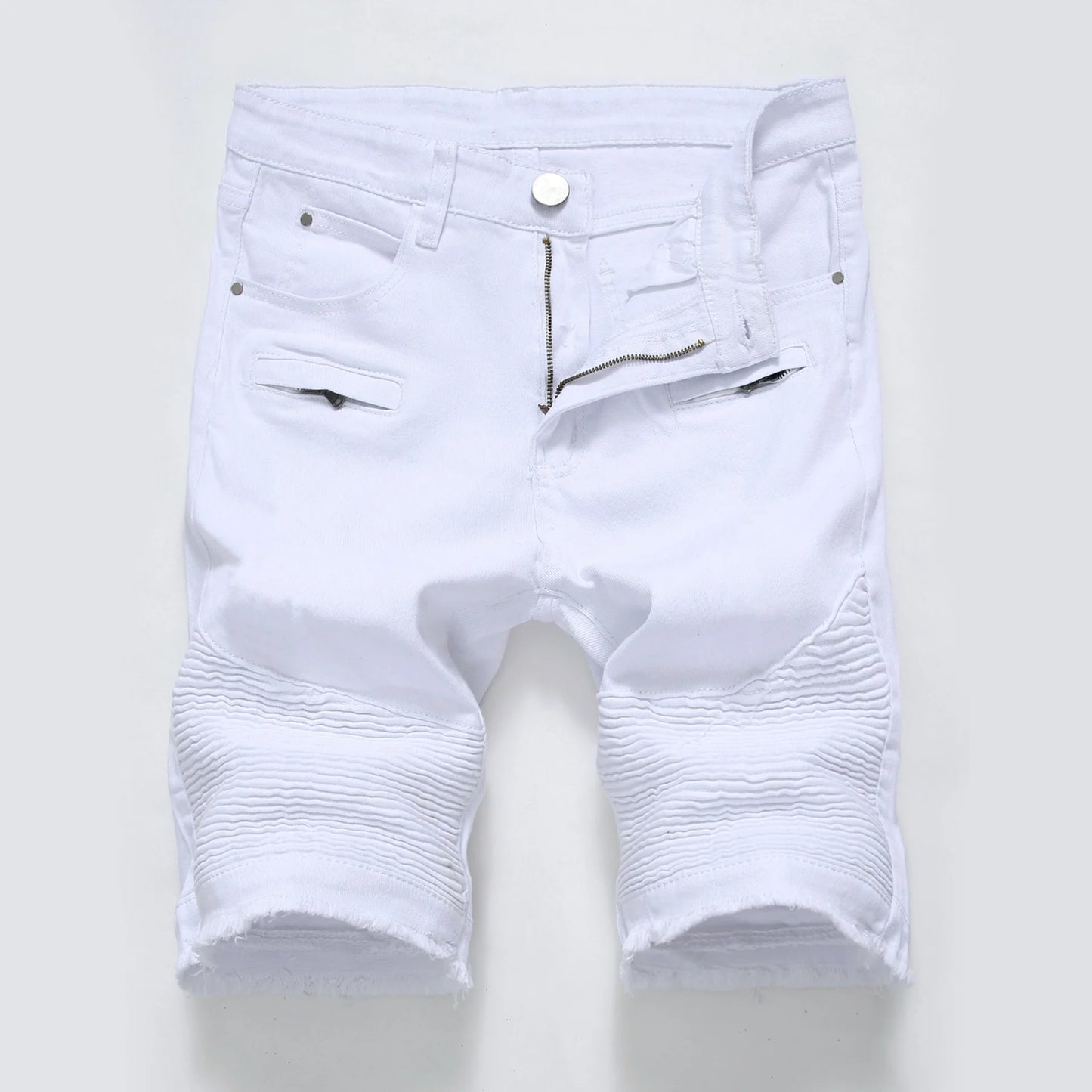 2024 Summer New Men's Jeans Shorts, Pleats and Holes Decorated Shorts, Men Blue White Black Blue Red Denim Shorts
