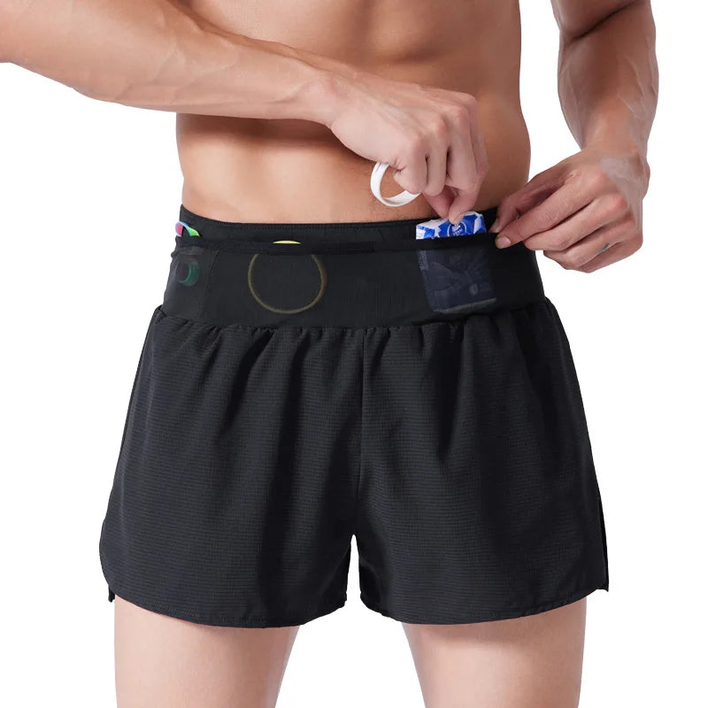(S-4XL)Men Women Teens Double Layer Quick Dry Marathon Running Sport Shorts with Zipper Pocket Trackless Fitness Training Shorts