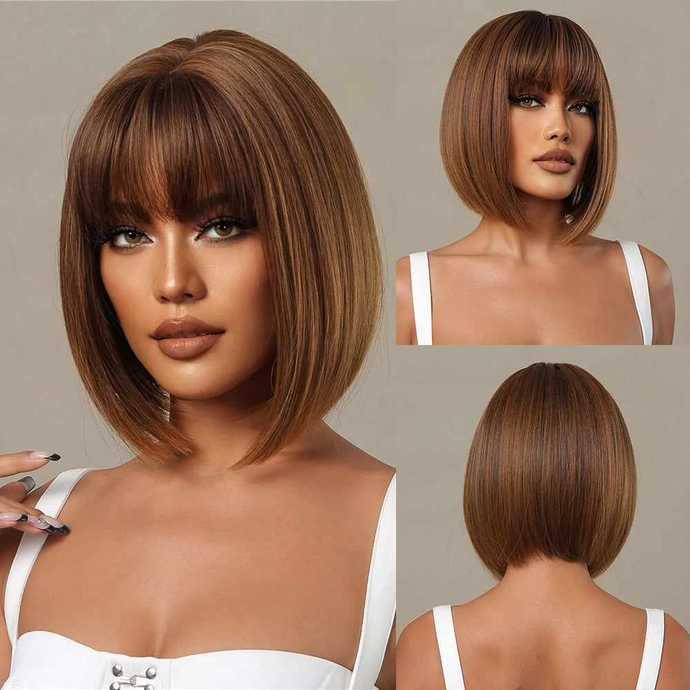 Short Wine Red Synthetic Wigs Straight Hair Wig with Bangs Bob Hair for Black Women Afro Cosplay Party Heat Resistant Wigs