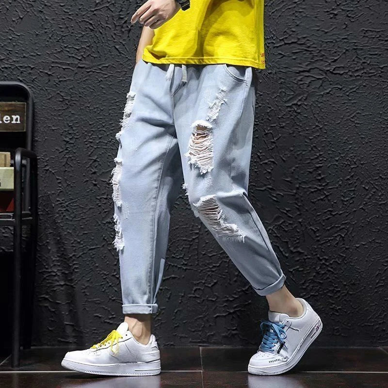 Male Cowboy Pants Oversize Summer Cropped Ripped Men's Jeans with Holes Broken Torn Plus Big Size Trousers Korean Fashion Cheap