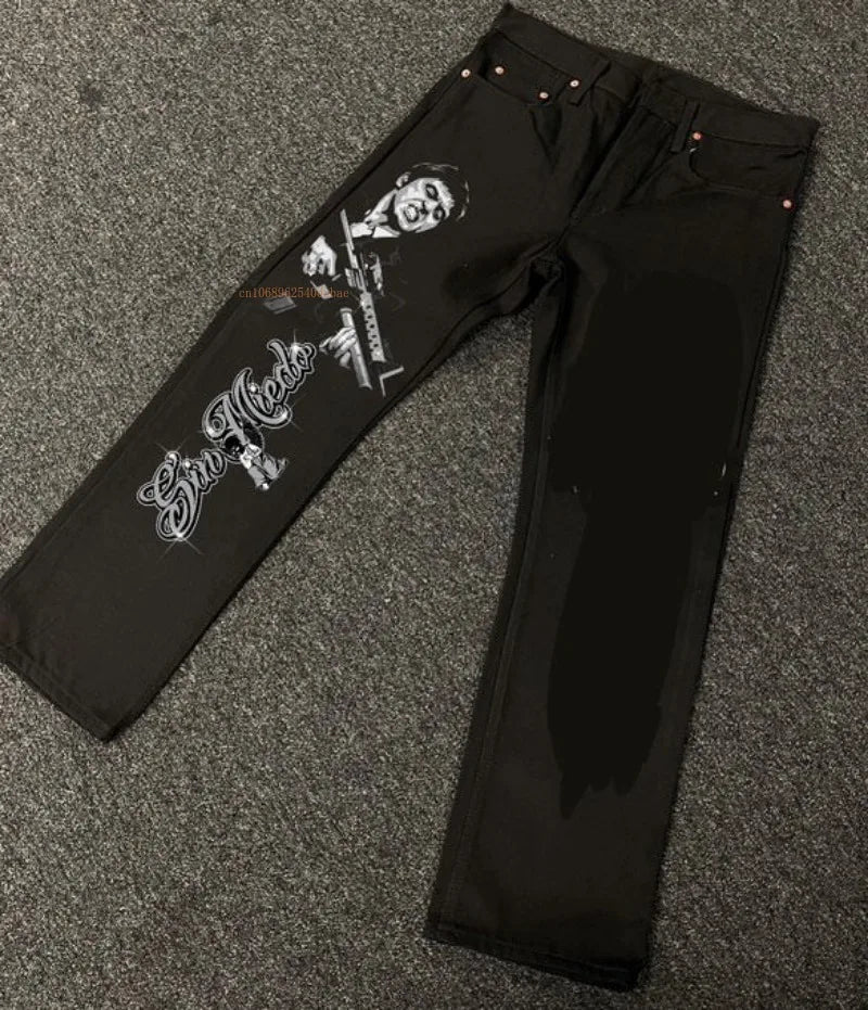 Black Straight Jeans Men Women American Street Trendy Brand Letter Print Jeans Ins Net Red Design Fashion Denim Wide Leg Jeans