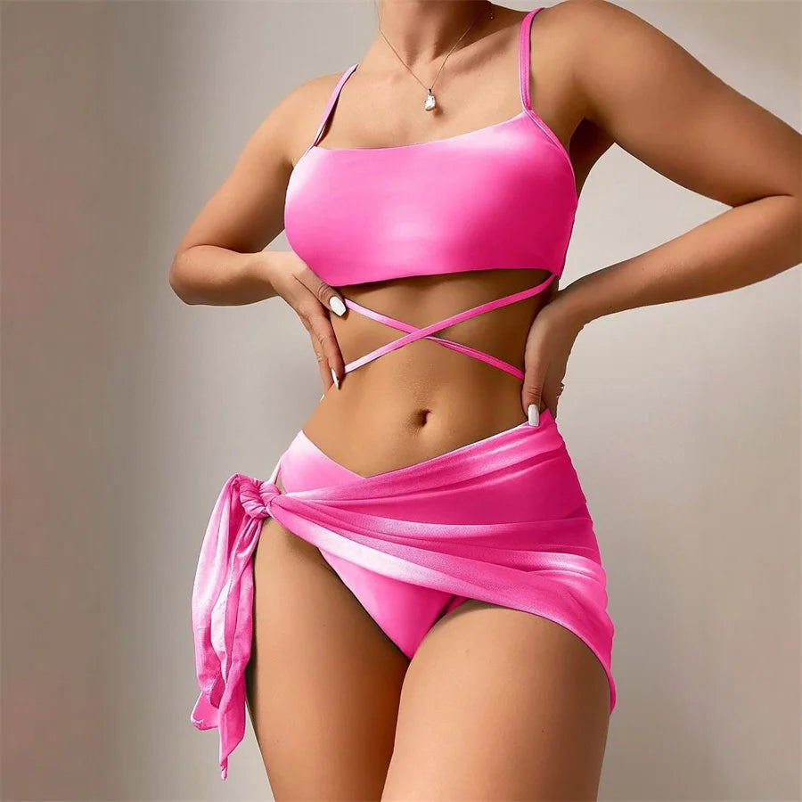 3 Pieces Bikini Suit Tie Dye Sexy Low Waist Bandage Swim Vest And Shorts Cover Up Swimwear Female Women Bathing Suits