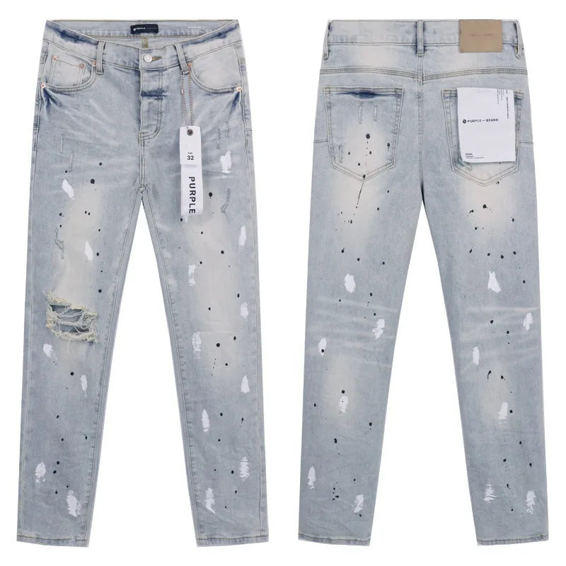 Purple Jeans American High Street Ripped Patch Trendy Retro Straight Men's Trousers Jeans for Men Ripped Jeans Skinnyjeansmen