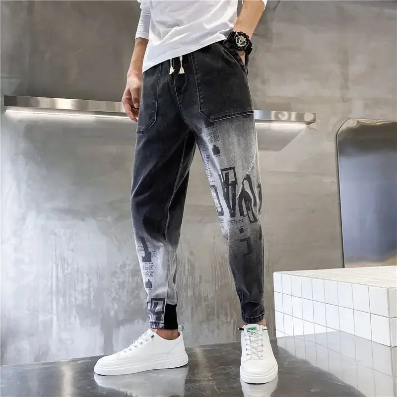 Harem Trousers with Print Black Graphic Jeans for Men Male Cowboy Pants Y2k Vintage Original Casual Cotton Y 2k Buggy Plus Size