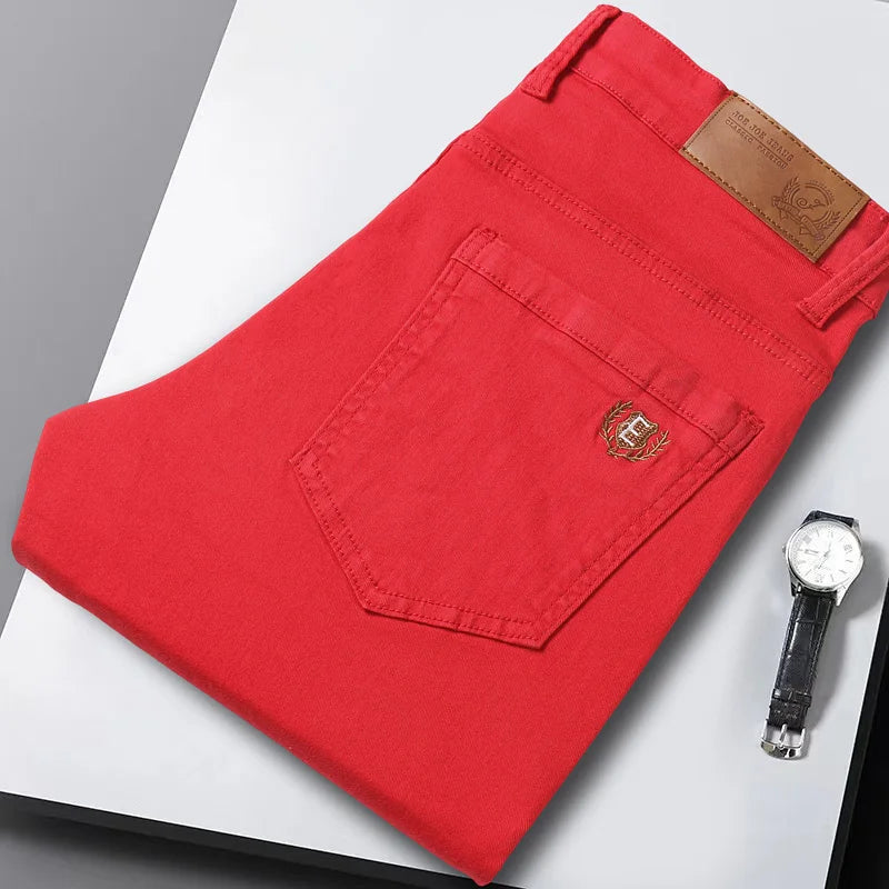 Men Classic Regular Fit Solid Color Jeans Male Business Fashion Denim Straight Leg Cotton Trousers Colorful Denim Pants