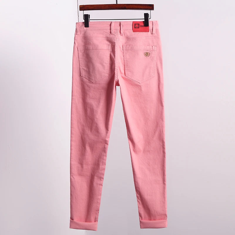 Fashion Straight Stretch Denim Pants Solid New Men's Slim Jeans Solid Yellow Red Green Blue Business Casual Classic Trousers