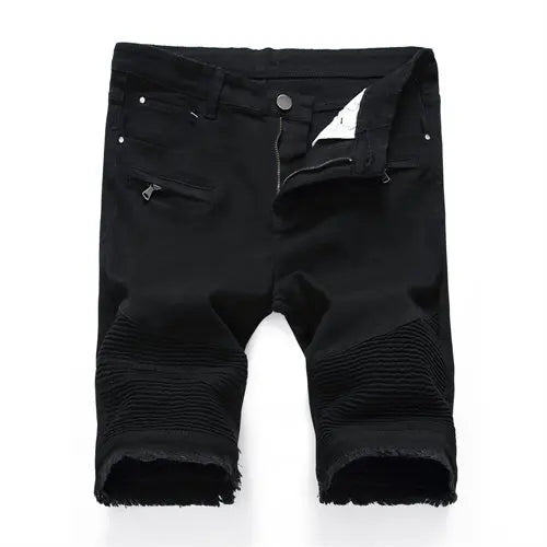 2024 Summer New Men's Jeans Shorts, Pleats and Holes Decorated Shorts, Men Blue White Black Blue Red Denim Shorts