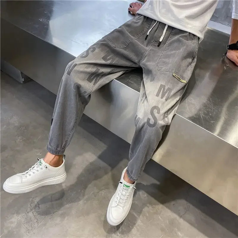 Harem Trousers with Print Black Graphic Jeans for Men Male Cowboy Pants Y2k Vintage Original Casual Cotton Y 2k Buggy Plus Size