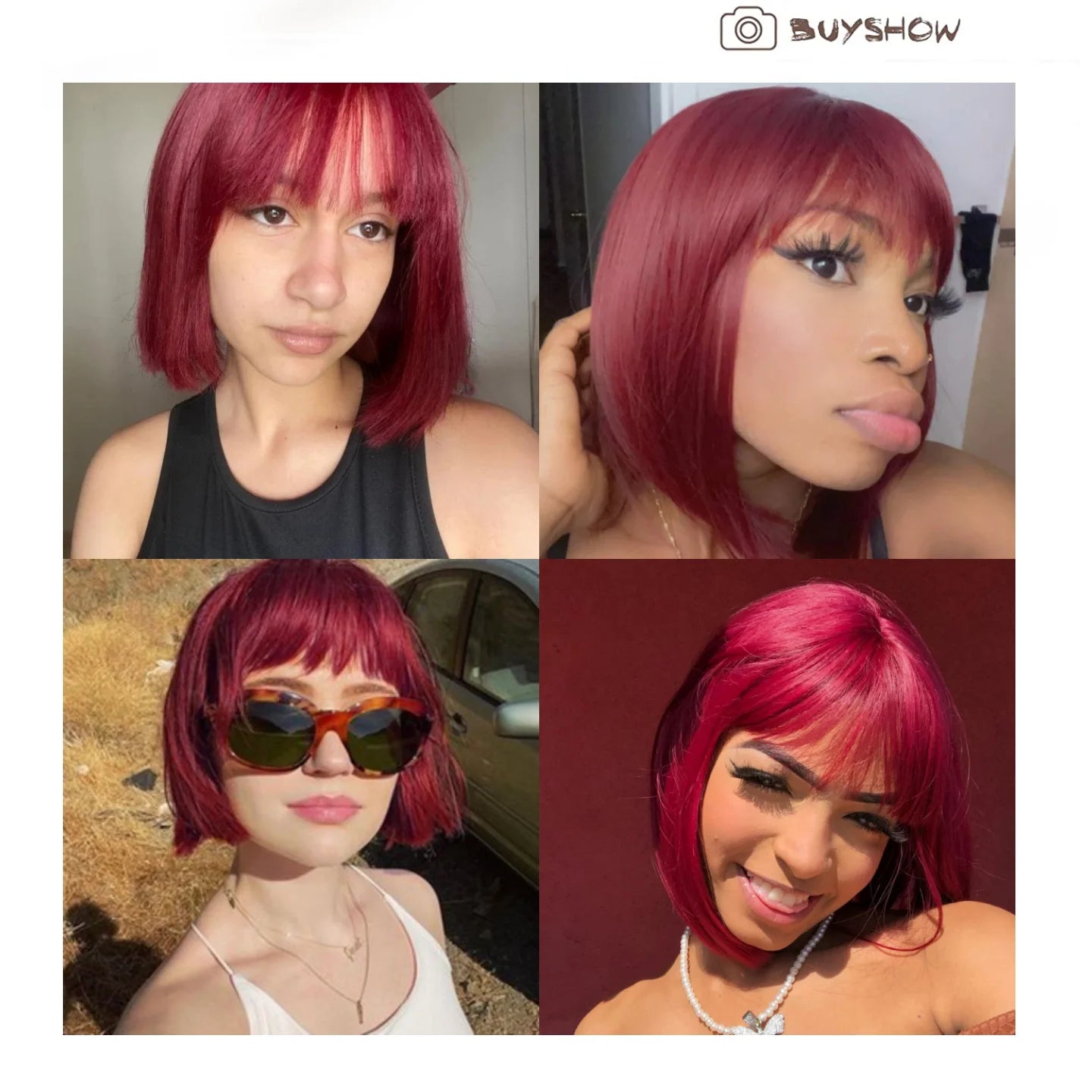 Short Wine Red Synthetic Wigs Straight Hair Wig with Bangs Bob Hair for Black Women Afro Cosplay Party Heat Resistant Wigs