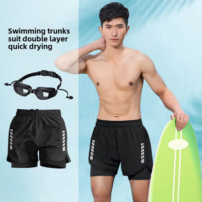 2025 New Anti Embarrassment Swimming Gear Complete Adult Swimsuit Set Swim Cap Goggles 3 Pcs Set Swimming Trunks for Men Short