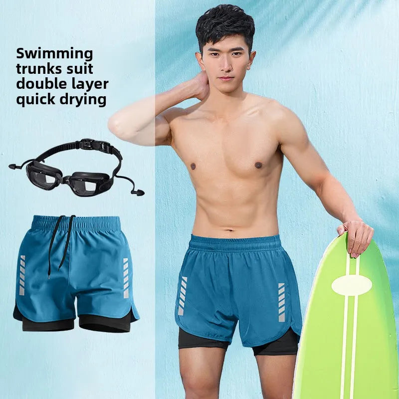 2025 New Anti Embarrassment Swimming Gear Complete Adult Swimsuit Set Swim Cap Goggles 3 Pcs Set Swimming Trunks for Men Short