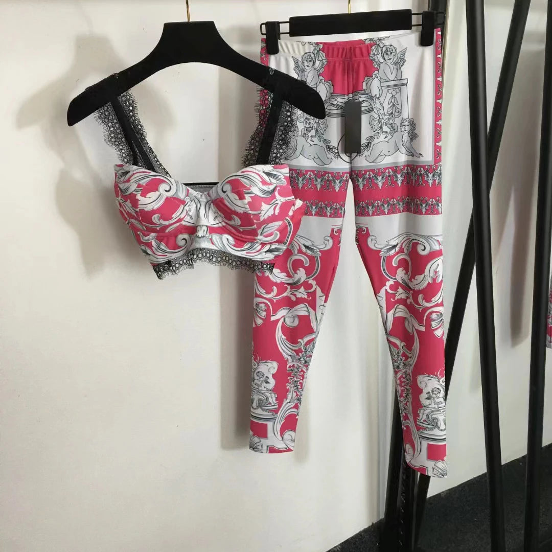 Luxury Design Women's Yoga Sport Sets Retro Print Lace Strapless Tank Tops Tight Pants Fashion Brand Women's Two-piece Swimsuits