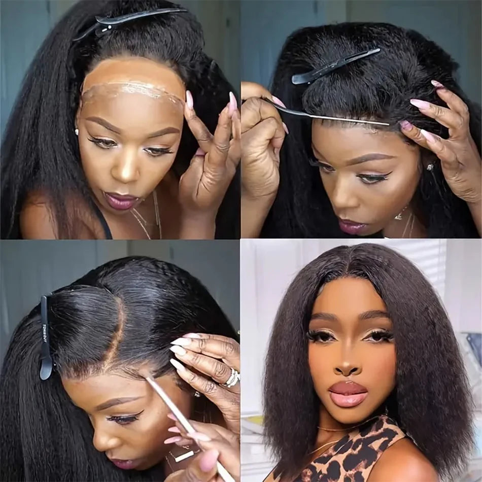 12A Kinky Straight Bob Wig Lace Front Human Hair Wigs For Women Transparent Full Lace Frontal Wig Glueless Wig Yaki Human Hair