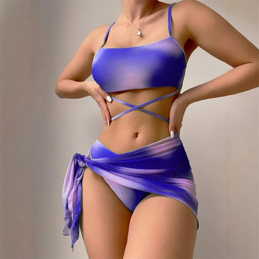 3 Pieces Bikini Suit Tie Dye Sexy Low Waist Bandage Swim Vest And Shorts Cover Up Swimwear Female Women Bathing Suits