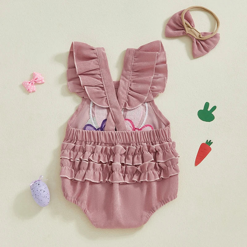 Adorable Toddler Girls Easter Outfit Set with Bunny Embroidery Ruffle Sleeves Romper Headband and Matching Shoes