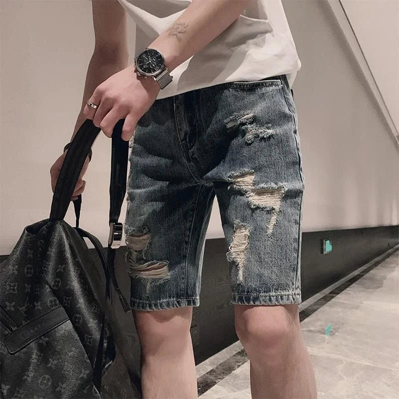 Man Denim Shorts Ripped Straight Trend 2024 Short Jeans Pants for Men New in Popular Xl Blue Y2k Fashion Cowboy Original Sale