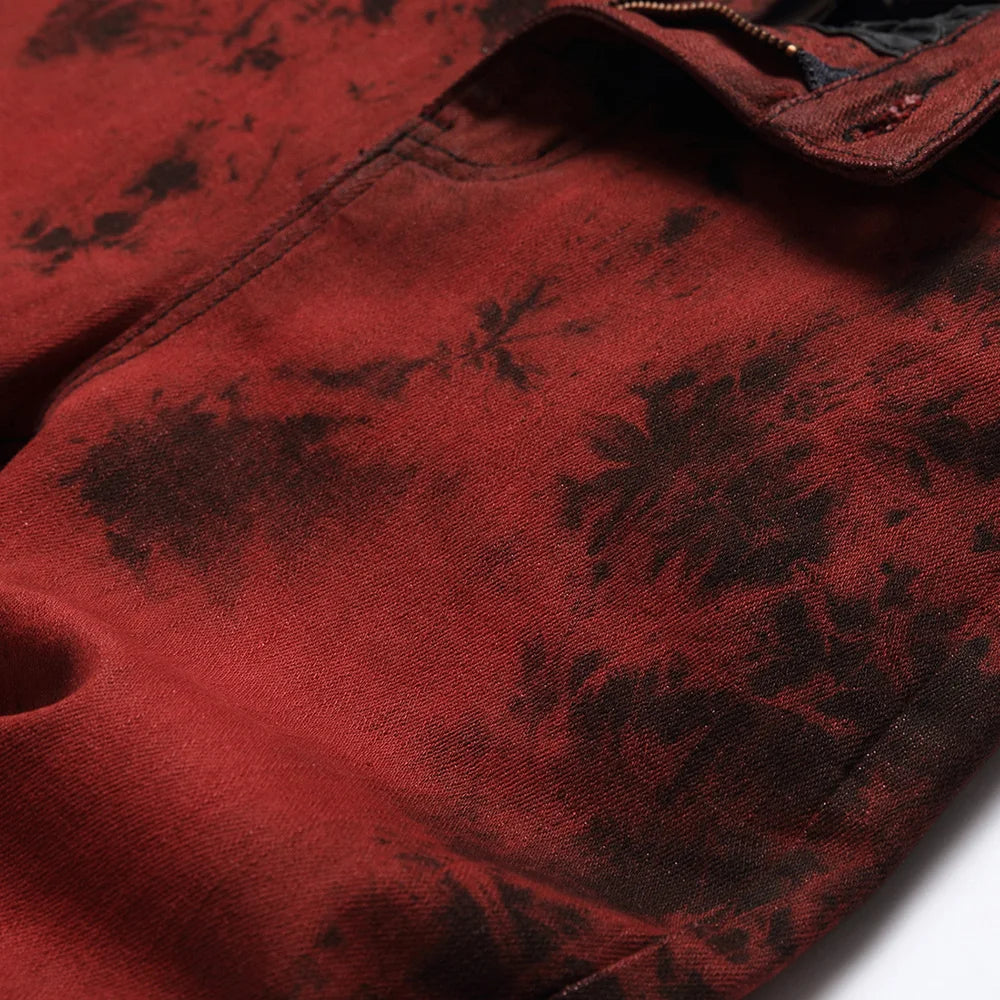 Men Tie and Dye Stretch Denim Jeans Brick Red Slim Straight Pants Streetwear Trousers