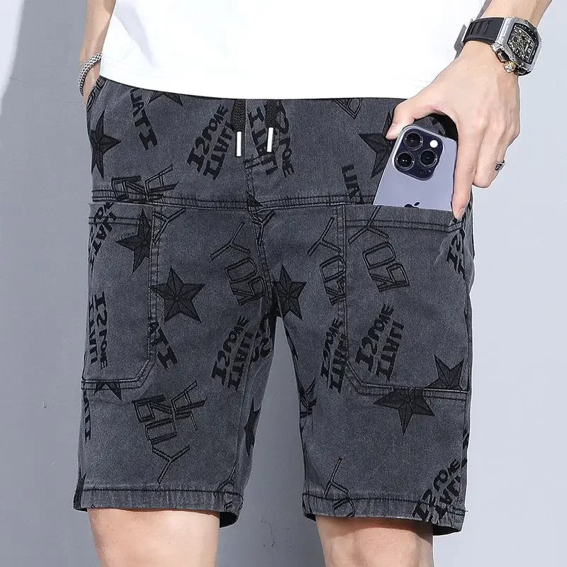Male Denim Shorts Loose Gray Graphic Men's Short Jeans Pants Baggy Wide Buttons With Vintage Original Jorts Sale Luxury Xl