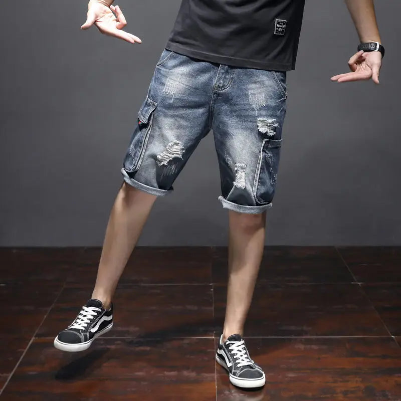 Men's Short Jeans Pants Cargo Ripped with Pockets Vintage Male Denim Shorts Streetwear Jorts Luxury Wih Zipper Buttons Blue Rude