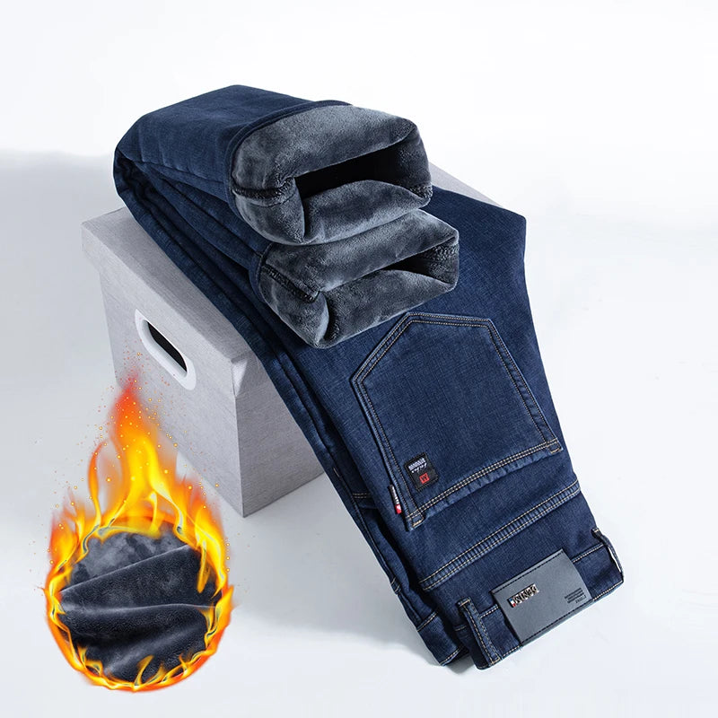 HIQOR Winter Fleece Thick Jeans Men Business Casual Straight Trousers Male Classic Blue Black Jeans For Men Work Denim Man Pants