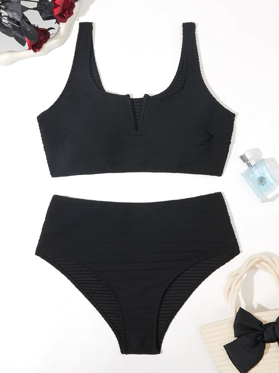 2025 Large Plus Size Solid V Neck Bikini Two Piece High Waist Swimsuit Women Swimwear Female Bathing Suit Beachwear Swimming