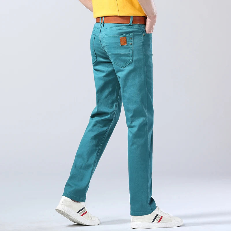 Classic Style Men's Jeans Fashion Business Casual Pants Straight Slim Denim Stretch Trousers Blue Red Yellow Male Brand Pants
