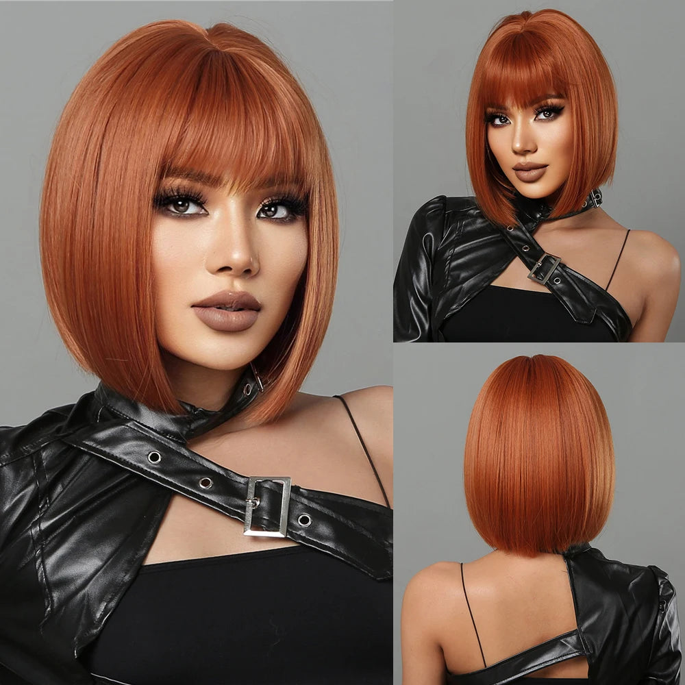 Short Wine Red Synthetic Wigs Straight Hair Wig with Bangs Bob Hair for Black Women Afro Cosplay Party Heat Resistant Wigs