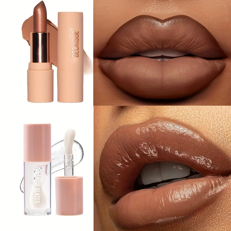 2pcs Set - Matte Nude Lipstick + Hydrating Lip Oil Lip Care Waterproof Lip Care Lip Oil, Lip Gloss Lip Gloss Set Lip Gloss Base