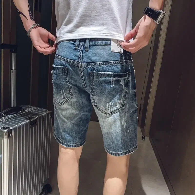 Man Denim Shorts with Text Straight Ripped Camouflage Short Jeans Pants for Men Original Thin Korean Fashion Cut Popular Summer