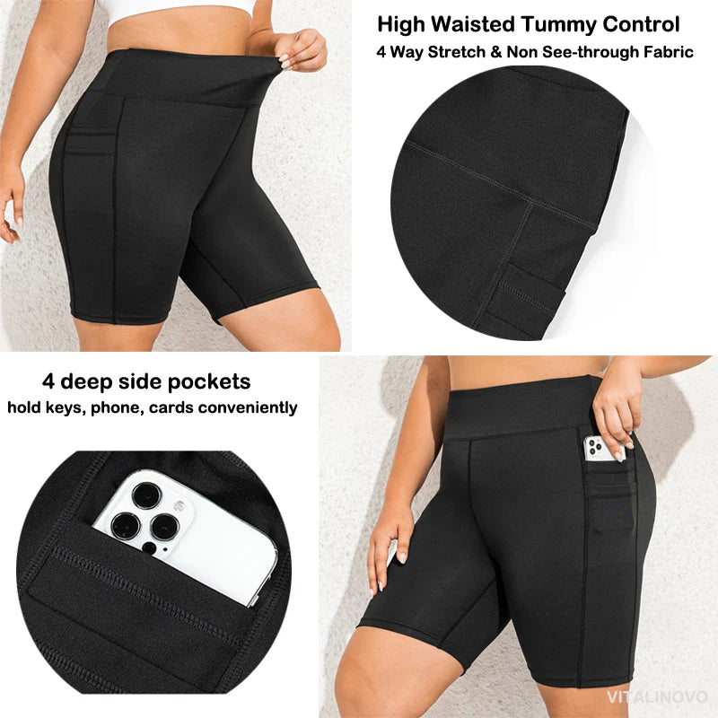 VITALINOVO Plus Size Biker Shorts with Pockets for Women High Waisted Workout Tummy Control Gym Running Athletic Yoga Short