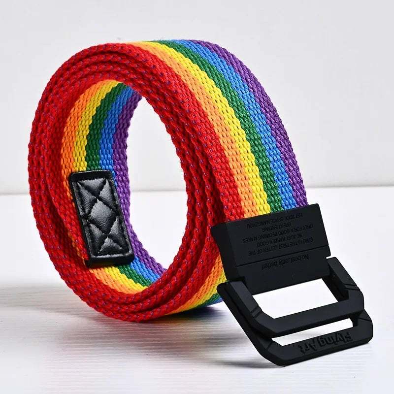Unisex Canvas Belt Men Stripe Rainbow Metal Double Ring Buckle Jeans Student - Belt Designer Belt for Women