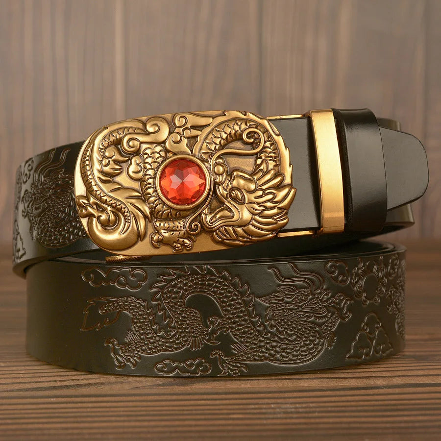 Men's Dragon Pattern Jewel Belt Coskin Leather Belt Men's Carved Dragon Pattern Automatic Buckle Belt Jeans New Designer Belt