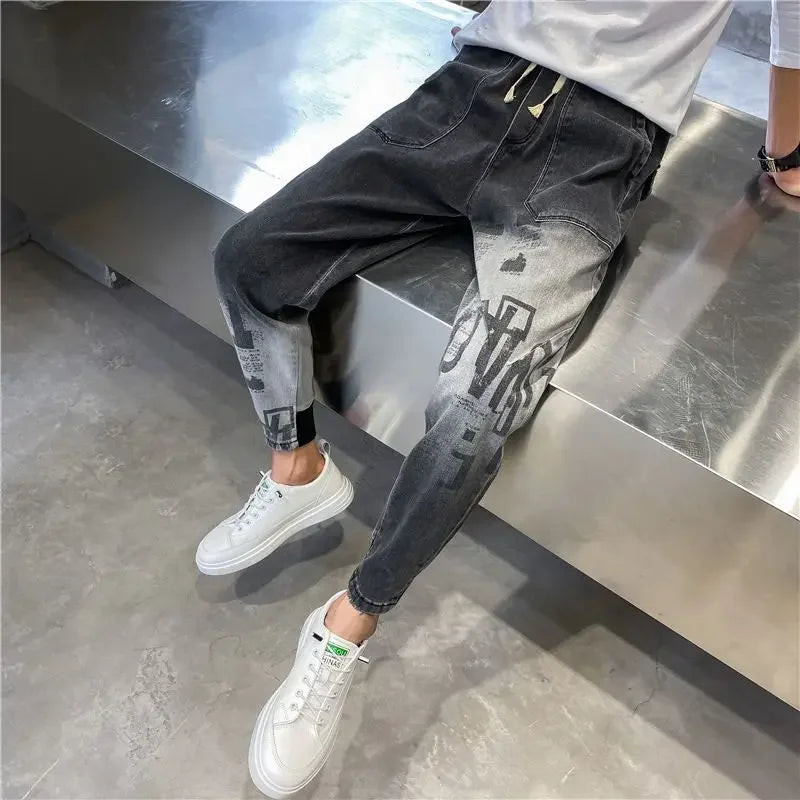 Harem Trousers with Print Black Graphic Jeans for Men Male Cowboy Pants Y2k Vintage Original Casual Cotton Y 2k Buggy Plus Size