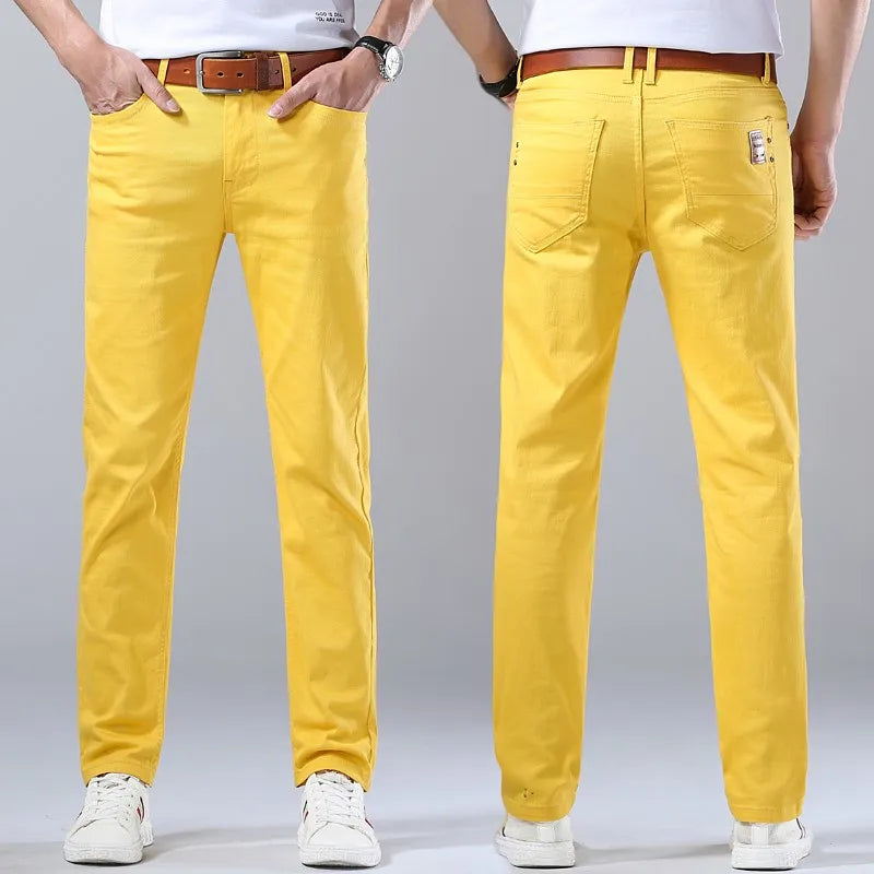 Fashion Straight Stretch Denim Pants Solid New Men's Slim Jeans Solid Yellow Red Green Blue Business Casual Classic Trousers