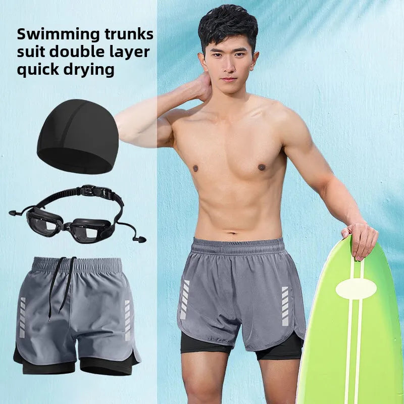 2025 New Anti Embarrassment Swimming Gear Complete Adult Swimsuit Set Swim Cap Goggles 3 Pcs Set Swimming Trunks for Men Short