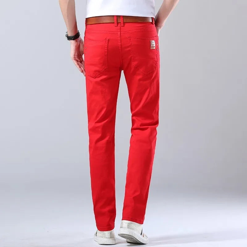 New Men's Denim Jeans Straight Stretch Pants Solid Color Fashion Business Casual Classic High Quality Red Yellow Blue White