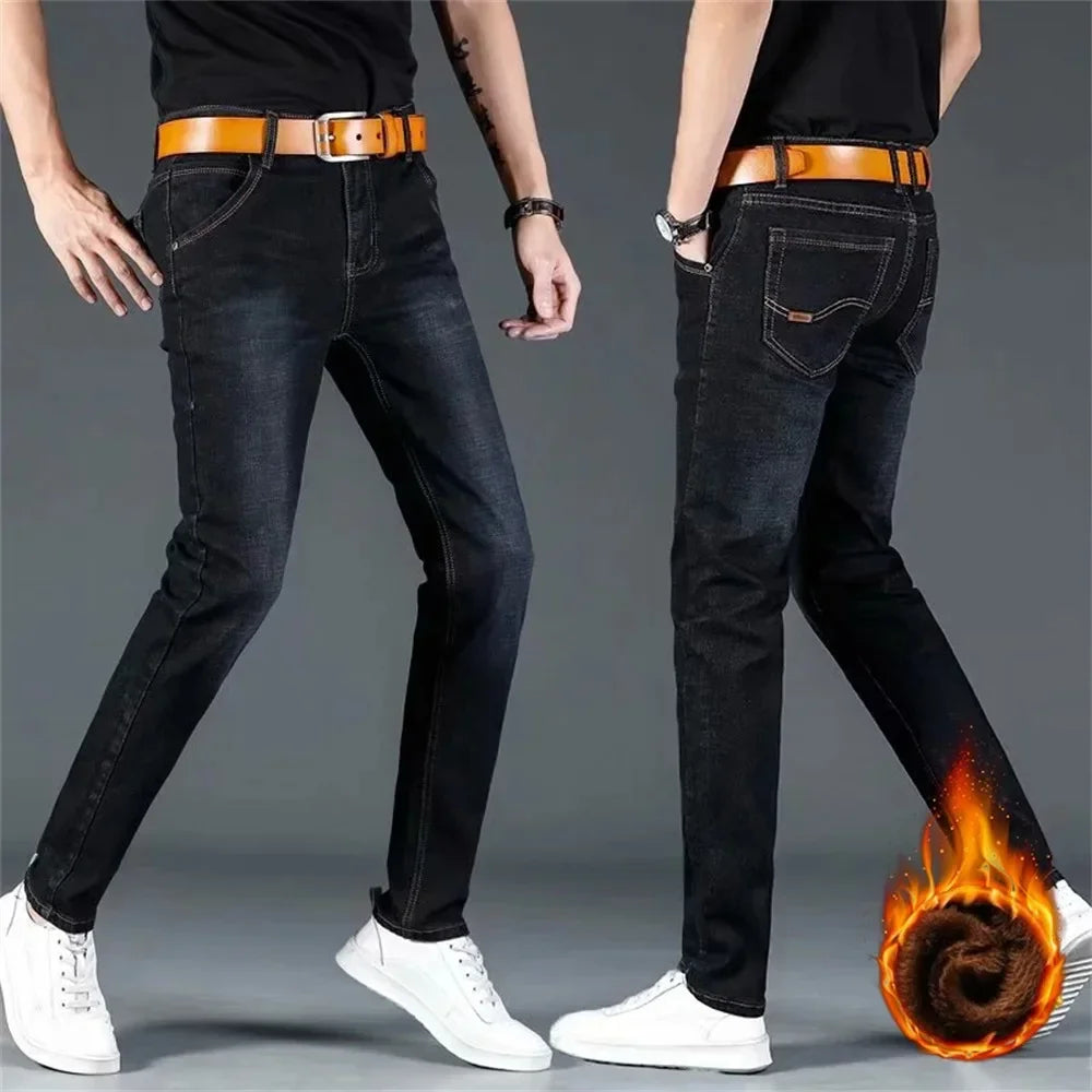 Winter Men's Pants Jeans Flannel Stretch High Quality Jean Trousers Men Casual Pants Men Streetwear Men Clothing baggy jeans